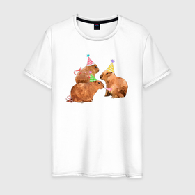 Мужская футболка хлопок с принтом Капибары на празднике в Курске, 100% хлопок | прямой крой, круглый вырез горловины, длина до линии бедер, слегка спущенное плечо. | 