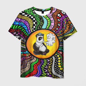 Мужская футболка 3D с принтом Психоделическая панда и вейп в Петрозаводске, 100% полиэфир | прямой крой, круглый вырез горловины, длина до линии бедер | 