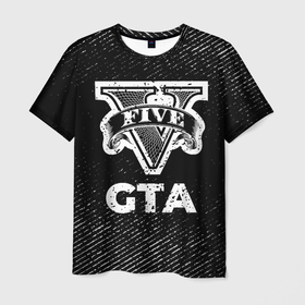 Мужская футболка 3D с принтом GTA с потертостями на темном фоне в Санкт-Петербурге, 100% полиэфир | прямой крой, круглый вырез горловины, длина до линии бедер | 