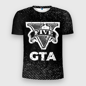 Мужская футболка 3D Slim с принтом GTA с потертостями на темном фоне в Кировске, 100% полиэстер с улучшенными характеристиками | приталенный силуэт, круглая горловина, широкие плечи, сужается к линии бедра | 