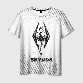 Мужская футболка 3D с принтом Skyrim с потертостями на светлом фоне , 100% полиэфир | прямой крой, круглый вырез горловины, длина до линии бедер | 