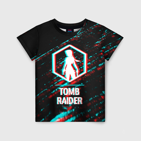 Детская футболка 3D с принтом Tomb Raider в стиле glitch и баги графики на темном фоне в Санкт-Петербурге, 100% гипоаллергенный полиэфир | прямой крой, круглый вырез горловины, длина до линии бедер, чуть спущенное плечо, ткань немного тянется | 
