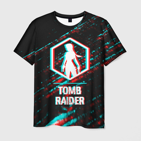 Мужская футболка 3D с принтом Tomb Raider в стиле glitch и баги графики на темном фоне в Тюмени, 100% полиэфир | прямой крой, круглый вырез горловины, длина до линии бедер | 
