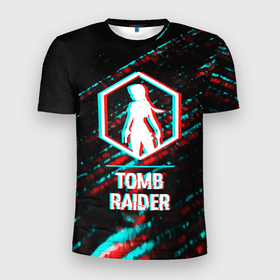 Мужская футболка 3D Slim с принтом Tomb Raider в стиле glitch и баги графики на темном фоне в Белгороде, 100% полиэстер с улучшенными характеристиками | приталенный силуэт, круглая горловина, широкие плечи, сужается к линии бедра | 