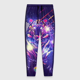 Мужские брюки 3D с принтом Космический фиолетовый тигр в ретро стиле в Кировске, 100% полиэстер | манжеты по низу, эластичный пояс регулируется шнурком, по бокам два кармана без застежек, внутренняя часть кармана из мелкой сетки | 