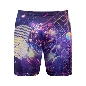 Мужские шорты спортивные с принтом Космический фиолетовый тигр в ретро стиле ,  |  | Тематика изображения на принте: 