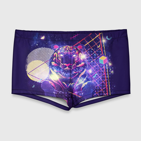 Мужские купальные плавки 3D с принтом Космический фиолетовый тигр в ретро стиле в Кировске, Полиэстер 85%, Спандекс 15% |  | 