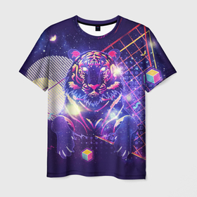 Мужская футболка 3D с принтом Космический фиолетовый тигр в ретро стиле , 100% полиэфир | прямой крой, круглый вырез горловины, длина до линии бедер | Тематика изображения на принте: 