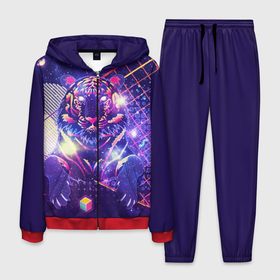 Мужской костюм 3D с принтом Космический фиолетовый тигр в ретро стиле в Кировске, 100% полиэстер | Манжеты и пояс оформлены тканевой резинкой, двухслойный капюшон со шнурком для регулировки, карманы спереди | 