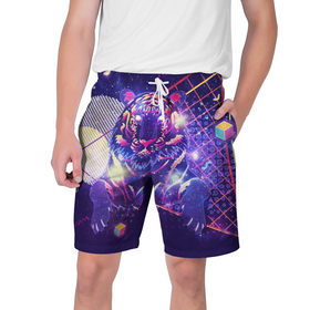 Мужские шорты 3D с принтом Космический фиолетовый тигр в ретро стиле в Петрозаводске,  полиэстер 100% | прямой крой, два кармана без застежек по бокам. Мягкая трикотажная резинка на поясе, внутри которой широкие завязки. Длина чуть выше колен | Тематика изображения на принте: 