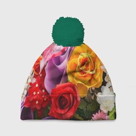 Шапка 3D c помпоном с принтом Прекрасный цветочный букет в Тюмени, 100% полиэстер | универсальный размер, печать по всей поверхности изделия | 