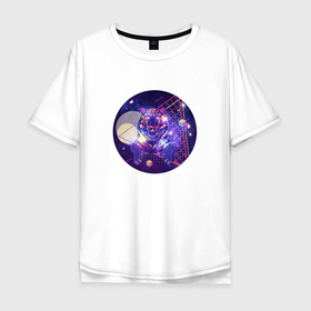 Мужская футболка хлопок Oversize с принтом Портрет космического тигра с геометрическими элементами в Курске, 100% хлопок | свободный крой, круглый ворот, “спинка” длиннее передней части | 
