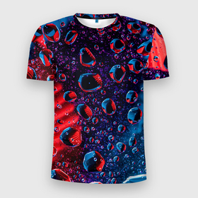 Мужская футболка 3D Slim с принтом Капли воды на цветном стекле в Екатеринбурге, 100% полиэстер с улучшенными характеристиками | приталенный силуэт, круглая горловина, широкие плечи, сужается к линии бедра | 