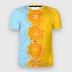 Мужская футболка 3D Slim с принтом Круглые апельсинки в Новосибирске, 100% полиэстер с улучшенными характеристиками | приталенный силуэт, круглая горловина, широкие плечи, сужается к линии бедра | Тематика изображения на принте: 