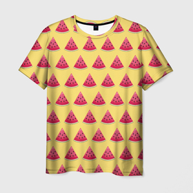 Мужская футболка 3D с принтом Арбуз Паттерн   Желтая версия в Санкт-Петербурге, 100% полиэфир | прямой крой, круглый вырез горловины, длина до линии бедер | 