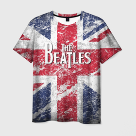Мужская футболка 3D с принтом The Beatles   лого на фоне флага Великобритании в Курске, 100% полиэфир | прямой крой, круглый вырез горловины, длина до линии бедер | 