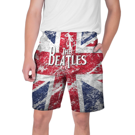 Мужские шорты 3D с принтом The Beatles   лого на фоне флага Великобритании в Екатеринбурге,  полиэстер 100% | прямой крой, два кармана без застежек по бокам. Мягкая трикотажная резинка на поясе, внутри которой широкие завязки. Длина чуть выше колен | 