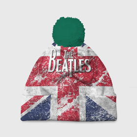 Шапка 3D c помпоном с принтом The Beatles   лого на фоне флага Великобритании , 100% полиэстер | универсальный размер, печать по всей поверхности изделия | 