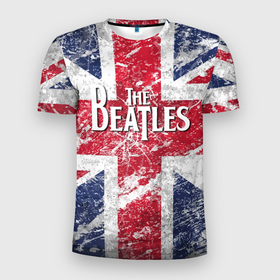 Мужская футболка 3D Slim с принтом The Beatles   лого на фоне флага Великобритании в Санкт-Петербурге, 100% полиэстер с улучшенными характеристиками | приталенный силуэт, круглая горловина, широкие плечи, сужается к линии бедра | 