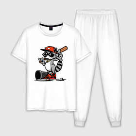 Мужская пижама хлопок с принтом Крутой енот с бейсбольной битой в Петрозаводске, 100% хлопок | брюки и футболка прямого кроя, без карманов, на брюках мягкая резинка на поясе и по низу штанин
 | 