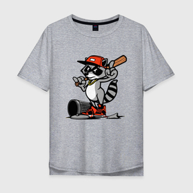 Мужская футболка хлопок Oversize с принтом Крутой енот с бейсбольной битой в Кировске, 100% хлопок | свободный крой, круглый ворот, “спинка” длиннее передней части | 