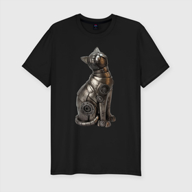 Мужская футболка хлопок Slim с принтом Металлическая статуэтка кошки в Петрозаводске, 92% хлопок, 8% лайкра | приталенный силуэт, круглый вырез ворота, длина до линии бедра, короткий рукав | 