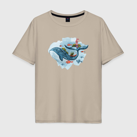 Мужская футболка хлопок Oversize с принтом Большой кит в окружении рыб , 100% хлопок | свободный крой, круглый ворот, “спинка” длиннее передней части | 