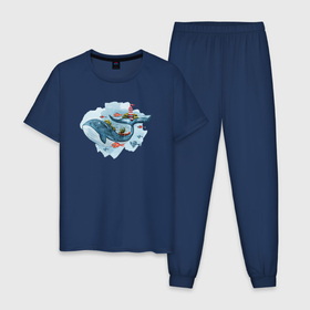 Мужская пижама хлопок с принтом Большой кит в окружении рыб в Кировске, 100% хлопок | брюки и футболка прямого кроя, без карманов, на брюках мягкая резинка на поясе и по низу штанин
 | 