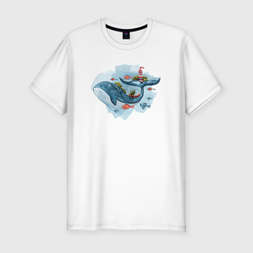 Мужская футболка хлопок Slim с принтом Большой кит в окружении рыб в Екатеринбурге, 92% хлопок, 8% лайкра | приталенный силуэт, круглый вырез ворота, длина до линии бедра, короткий рукав | 