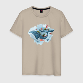 Мужская футболка хлопок с принтом Большой кит в окружении рыб в Кировске, 100% хлопок | прямой крой, круглый вырез горловины, длина до линии бедер, слегка спущенное плечо. | 