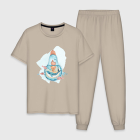 Мужская пижама хлопок с принтом Кит в лампочке в Санкт-Петербурге, 100% хлопок | брюки и футболка прямого кроя, без карманов, на брюках мягкая резинка на поясе и по низу штанин
 | 