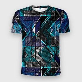 Мужская футболка 3D Slim с принтом Сине   черная гранжевая абстракция в Екатеринбурге, 100% полиэстер с улучшенными характеристиками | приталенный силуэт, круглая горловина, широкие плечи, сужается к линии бедра | 