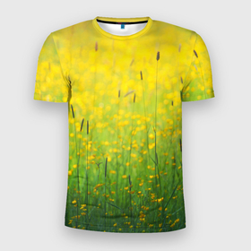 Мужская футболка 3D Slim с принтом Летнее море желтых цветов в Петрозаводске, 100% полиэстер с улучшенными характеристиками | приталенный силуэт, круглая горловина, широкие плечи, сужается к линии бедра | 