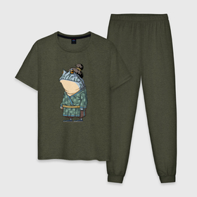 Мужская пижама хлопок с принтом Синяя японская лягушка в Санкт-Петербурге, 100% хлопок | брюки и футболка прямого кроя, без карманов, на брюках мягкая резинка на поясе и по низу штанин
 | Тематика изображения на принте: 