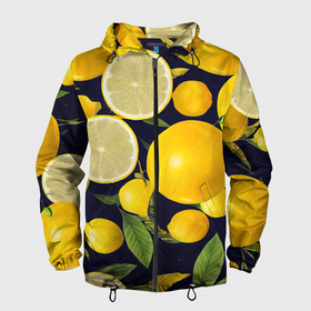 Мужская ветровка 3D с принтом Лимонные дольки в Тюмени, 100% полиэстер | подол и капюшон оформлены резинкой с фиксаторами, два кармана без застежек по бокам, один потайной карман на груди | 