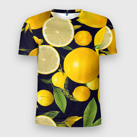 Мужская футболка 3D Slim с принтом Лимонные дольки в Тюмени, 100% полиэстер с улучшенными характеристиками | приталенный силуэт, круглая горловина, широкие плечи, сужается к линии бедра | Тематика изображения на принте: 