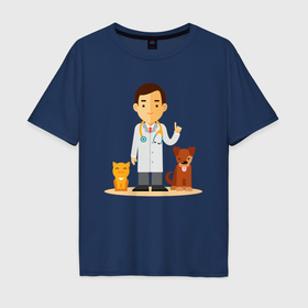 Мужская футболка хлопок Oversize с принтом Ветеринар заботится о животных   котик и пёсик в Кировске, 100% хлопок | свободный крой, круглый ворот, “спинка” длиннее передней части | 