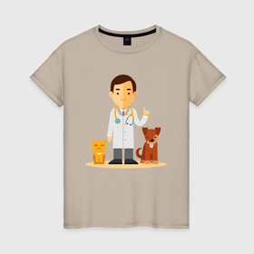 Женская футболка хлопок с принтом Ветеринар заботится о животных   котик и пёсик в Екатеринбурге, 100% хлопок | прямой крой, круглый вырез горловины, длина до линии бедер, слегка спущенное плечо | 
