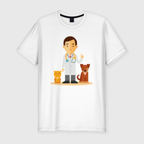 Мужская футболка хлопок Slim с принтом Ветеринар заботится о животных   котик и пёсик в Санкт-Петербурге, 92% хлопок, 8% лайкра | приталенный силуэт, круглый вырез ворота, длина до линии бедра, короткий рукав | 