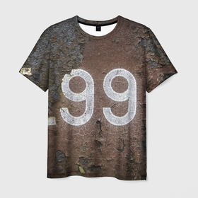Мужская футболка 3D с принтом Номер 99 на ржавом металле в Тюмени, 100% полиэфир | прямой крой, круглый вырез горловины, длина до линии бедер | 