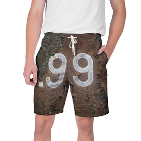 Мужские шорты 3D с принтом Номер 99 на ржавом металле в Тюмени,  полиэстер 100% | прямой крой, два кармана без застежек по бокам. Мягкая трикотажная резинка на поясе, внутри которой широкие завязки. Длина чуть выше колен | 