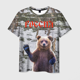 Мужская футболка 3D с принтом Российский медведь на фоне берёзы , 100% полиэфир | прямой крой, круглый вырез горловины, длина до линии бедер | Тематика изображения на принте: 