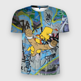Мужская футболка 3D Slim с принтом Целящийся из рогатки Барт Симпсон на фоне граффити , 100% полиэстер с улучшенными характеристиками | приталенный силуэт, круглая горловина, широкие плечи, сужается к линии бедра | 