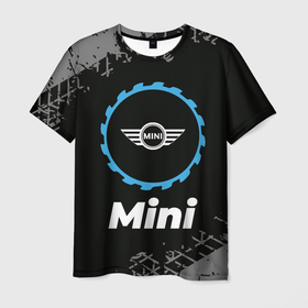 Мужская футболка 3D с принтом Mini в стиле Top Gear со следами шин на фоне в Петрозаводске, 100% полиэфир | прямой крой, круглый вырез горловины, длина до линии бедер | Тематика изображения на принте: 