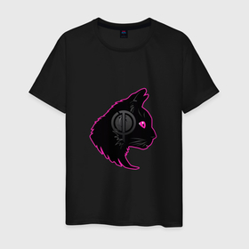 Мужская футболка хлопок с принтом Черный кот в наушниках в Курске, 100% хлопок | прямой крой, круглый вырез горловины, длина до линии бедер, слегка спущенное плечо. | 