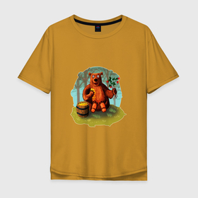 Мужская футболка хлопок Oversize с принтом Медведь ест мед , 100% хлопок | свободный крой, круглый ворот, “спинка” длиннее передней части | 