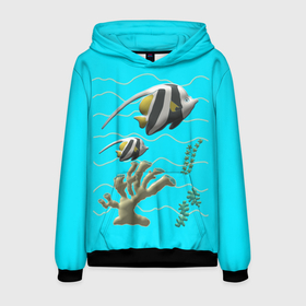 Мужская толстовка 3D с принтом подводный мир рыбки  кораллы в Новосибирске, 100% полиэстер | двухслойный капюшон со шнурком для регулировки, мягкие манжеты на рукавах и по низу толстовки, спереди карман-кенгуру с мягким внутренним слоем. | 