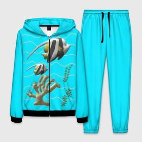 Мужской костюм 3D с принтом подводный мир рыбки  кораллы в Кировске, 100% полиэстер | Манжеты и пояс оформлены тканевой резинкой, двухслойный капюшон со шнурком для регулировки, карманы спереди | 