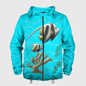 Мужская ветровка 3D с принтом подводный мир рыбки  кораллы в Кировске, 100% полиэстер | подол и капюшон оформлены резинкой с фиксаторами, два кармана без застежек по бокам, один потайной карман на груди | 