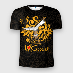 Мужская футболка 3D Slim с принтом I love Capoeira fighter в Петрозаводске, 100% полиэстер с улучшенными характеристиками | приталенный силуэт, круглая горловина, широкие плечи, сужается к линии бедра | Тематика изображения на принте: 